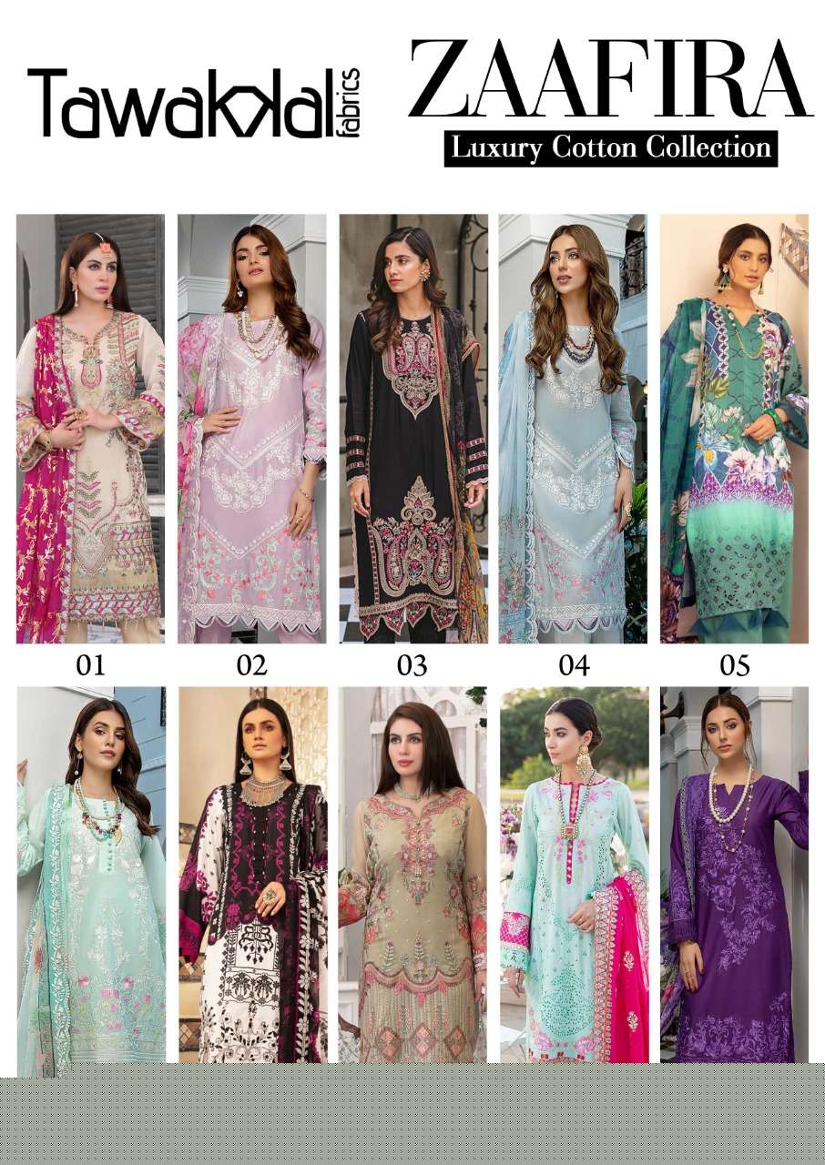 ZAAFIRA BY TAWAKKAL FAB 01 TO 10 SERIES DESIGNER PAKISTANI SUITS BEAUTIFUL STYLISH FANCY COLORFUL PARTY WEAR & OCCASIONAL WEAR COTTON DRESSES AT WHOLESALE PRICE