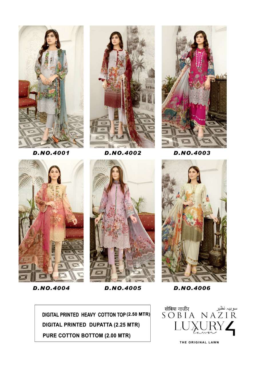 SOBIA NAZIR VOL-4 BY KEVAL FAB 4001 TO 4006 SERIES BEAUTIFUL STYLISH SUITS FANCY COLORFUL CASUAL WEAR & ETHNIC WEAR & READY TO WEAR HEAVY COTTON PRINTED DRESSES AT WHOLESALE PRICE