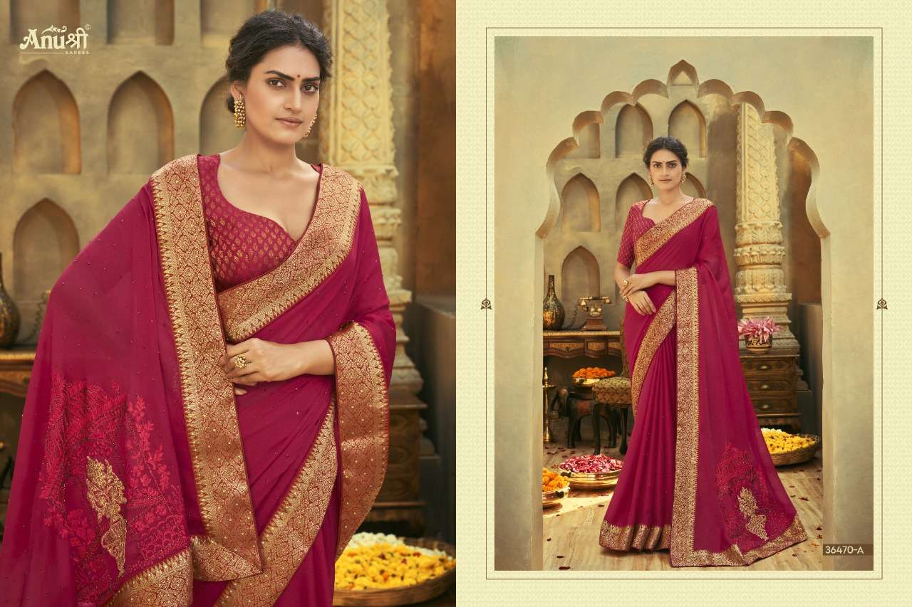 KAMAKSHYA BY ANUSHREE 36470-A TO 36470-H SERIES INDIAN TRADITIONAL WEAR COLLECTION BEAUTIFUL STYLISH FANCY COLORFUL PARTY WEAR & OCCASIONAL WEAR CHIFFON SAREES AT WHOLESALE PRICE