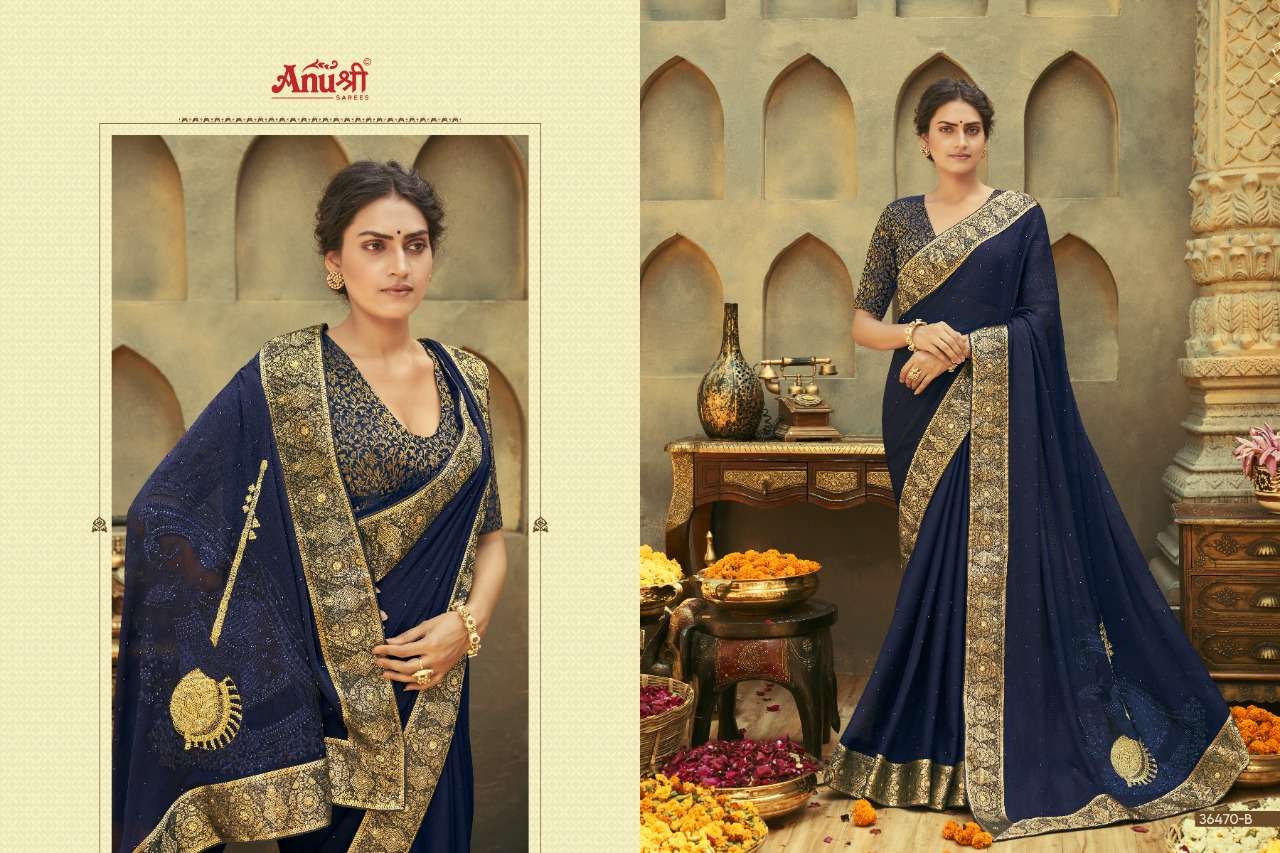 KAMAKSHYA BY ANUSHREE 36470-A TO 36470-H SERIES INDIAN TRADITIONAL WEAR COLLECTION BEAUTIFUL STYLISH FANCY COLORFUL PARTY WEAR & OCCASIONAL WEAR CHIFFON SAREES AT WHOLESALE PRICE
