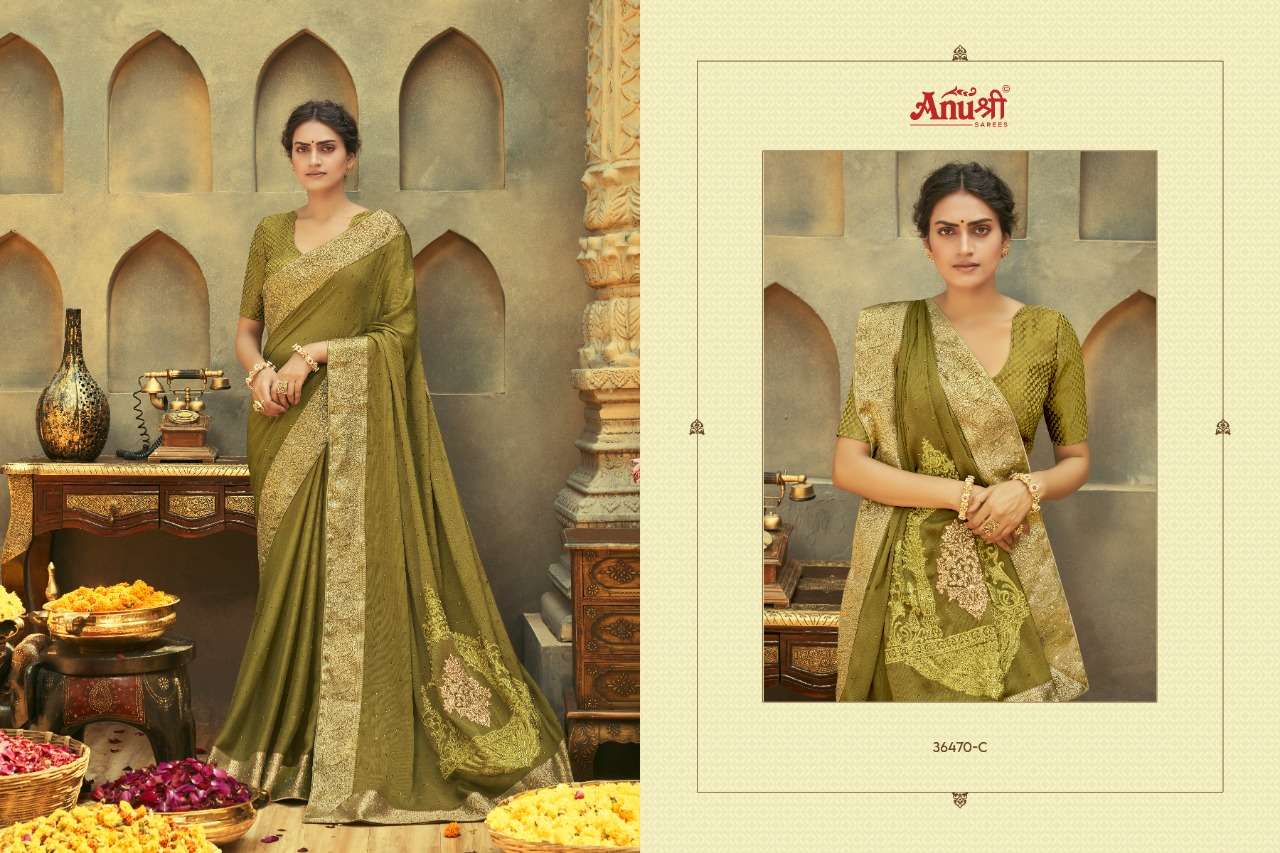 KAMAKSHYA BY ANUSHREE 36470-A TO 36470-H SERIES INDIAN TRADITIONAL WEAR COLLECTION BEAUTIFUL STYLISH FANCY COLORFUL PARTY WEAR & OCCASIONAL WEAR CHIFFON SAREES AT WHOLESALE PRICE