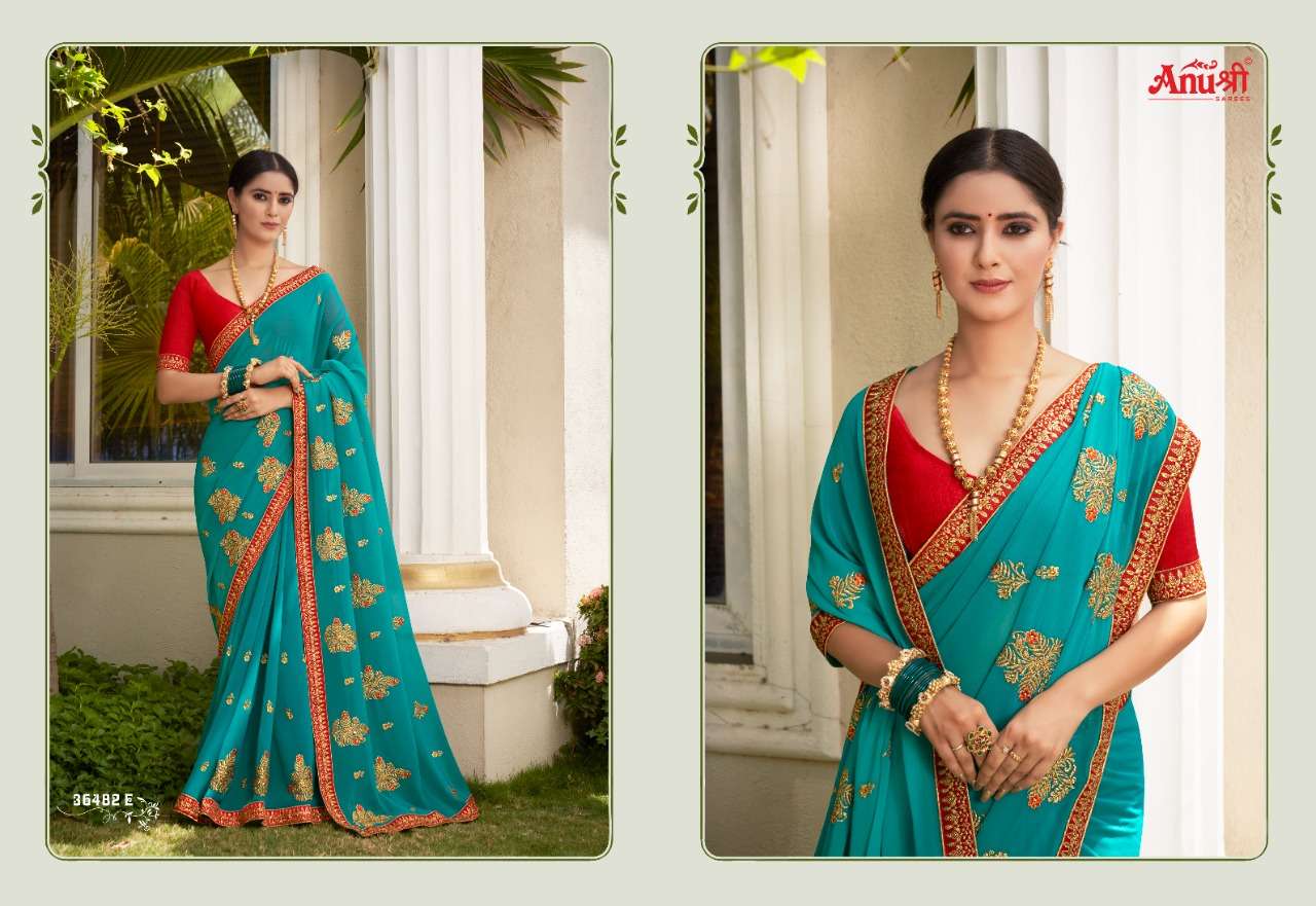 INDUKALA BY ANUSHREE 36482-A TO 36482-H SERIES INDIAN TRADITIONAL WEAR COLLECTION BEAUTIFUL STYLISH FANCY COLORFUL PARTY WEAR & OCCASIONAL WEAR GEORGETTE SAREES AT WHOLESALE PRICE