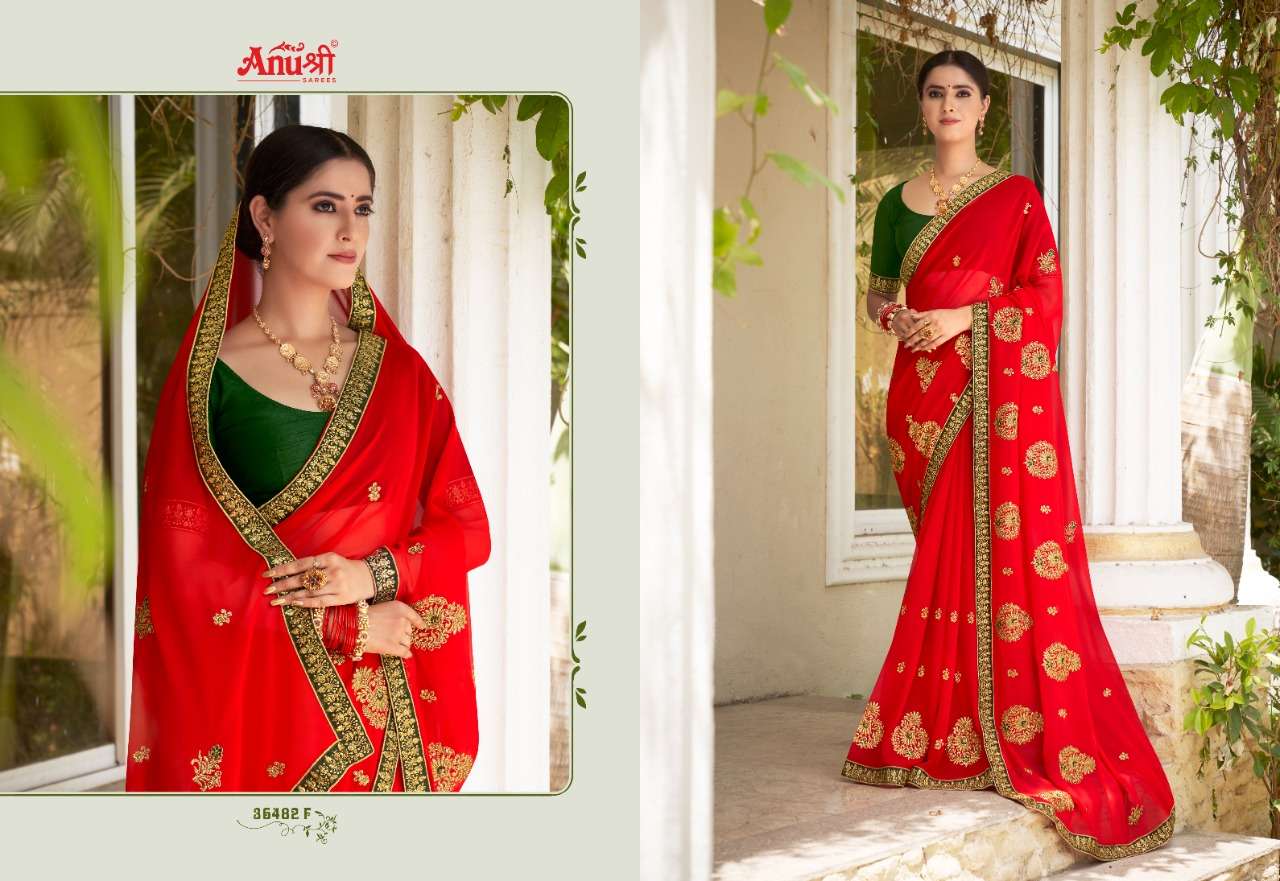 INDUKALA BY ANUSHREE 36482-A TO 36482-H SERIES INDIAN TRADITIONAL WEAR COLLECTION BEAUTIFUL STYLISH FANCY COLORFUL PARTY WEAR & OCCASIONAL WEAR GEORGETTE SAREES AT WHOLESALE PRICE