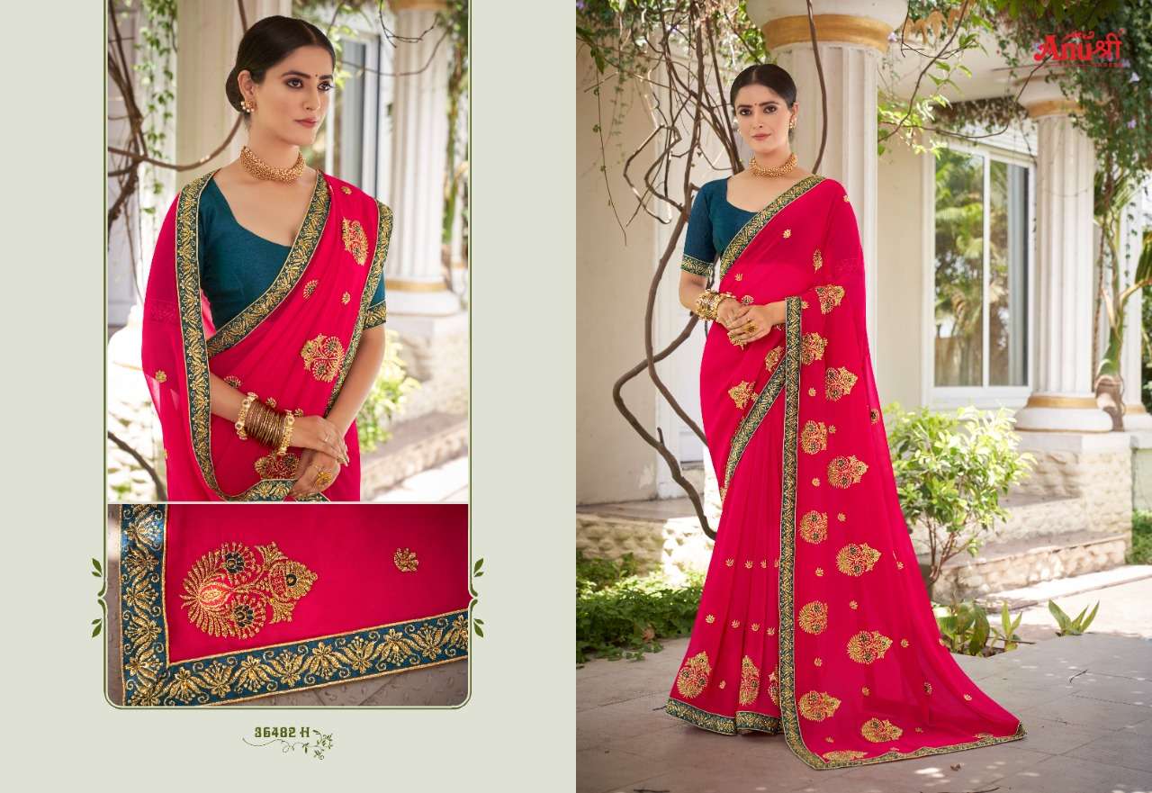 INDUKALA BY ANUSHREE 36482-A TO 36482-H SERIES INDIAN TRADITIONAL WEAR COLLECTION BEAUTIFUL STYLISH FANCY COLORFUL PARTY WEAR & OCCASIONAL WEAR GEORGETTE SAREES AT WHOLESALE PRICE