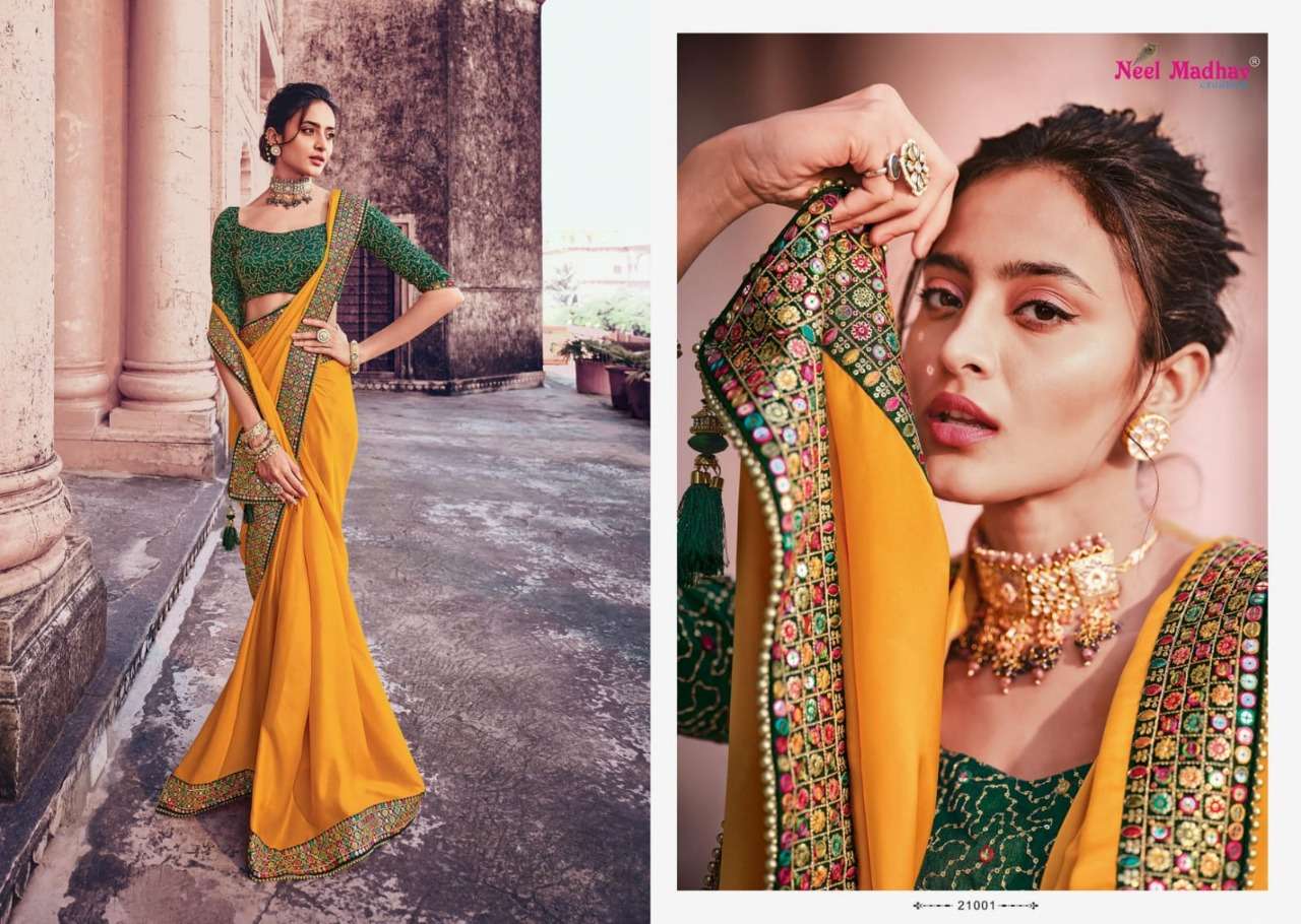 MIRISHA BY NEEL MADHAV 21001 TO 21015 SERIES INDIAN TRADITIONAL WEAR COLLECTION BEAUTIFUL STYLISH FANCY COLORFUL PARTY WEAR & OCCASIONAL WEAR FANCY SAREES AT WHOLESALE PRICE