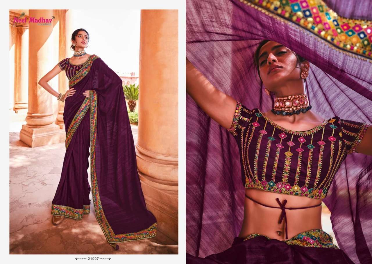 MIRISHA BY NEEL MADHAV 21001 TO 21015 SERIES INDIAN TRADITIONAL WEAR COLLECTION BEAUTIFUL STYLISH FANCY COLORFUL PARTY WEAR & OCCASIONAL WEAR FANCY SAREES AT WHOLESALE PRICE
