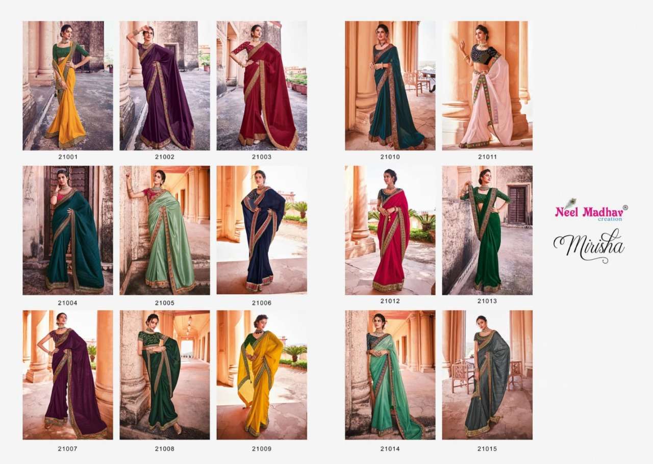 MIRISHA BY NEEL MADHAV 21001 TO 21015 SERIES INDIAN TRADITIONAL WEAR COLLECTION BEAUTIFUL STYLISH FANCY COLORFUL PARTY WEAR & OCCASIONAL WEAR FANCY SAREES AT WHOLESALE PRICE