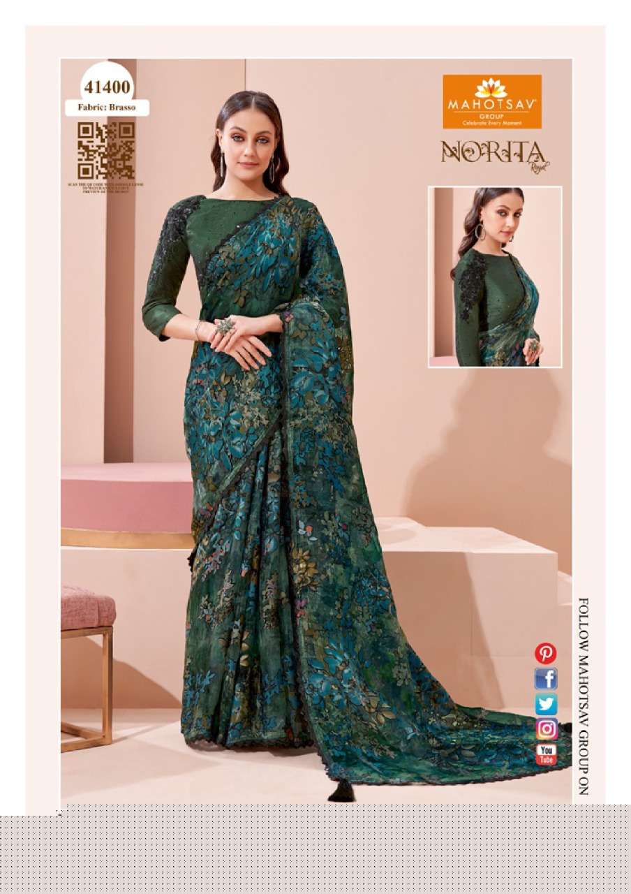 NORITA 41400 SERIES BY MAHOTSAV 41400 TO 41413 SERIES INDIAN TRADITIONAL WEAR COLLECTION BEAUTIFUL STYLISH FANCY COLORFUL PARTY WEAR & OCCASIONAL WEAR GEORGETTE/BRASSO SAREES AT WHOLESALE PRICE
