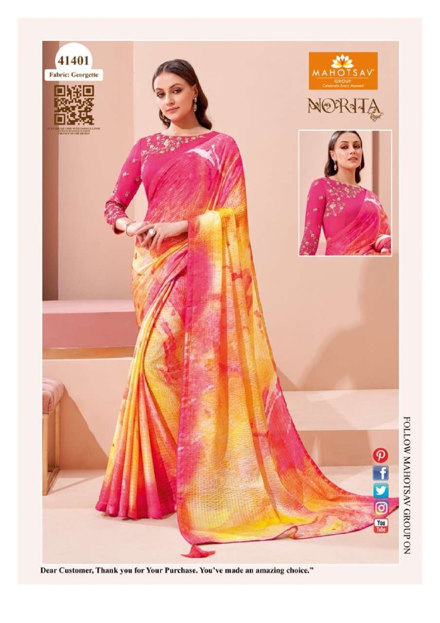 NORITA 41400 SERIES BY MAHOTSAV 41400 TO 41413 SERIES INDIAN TRADITIONAL WEAR COLLECTION BEAUTIFUL STYLISH FANCY COLORFUL PARTY WEAR & OCCASIONAL WEAR GEORGETTE/BRASSO SAREES AT WHOLESALE PRICE