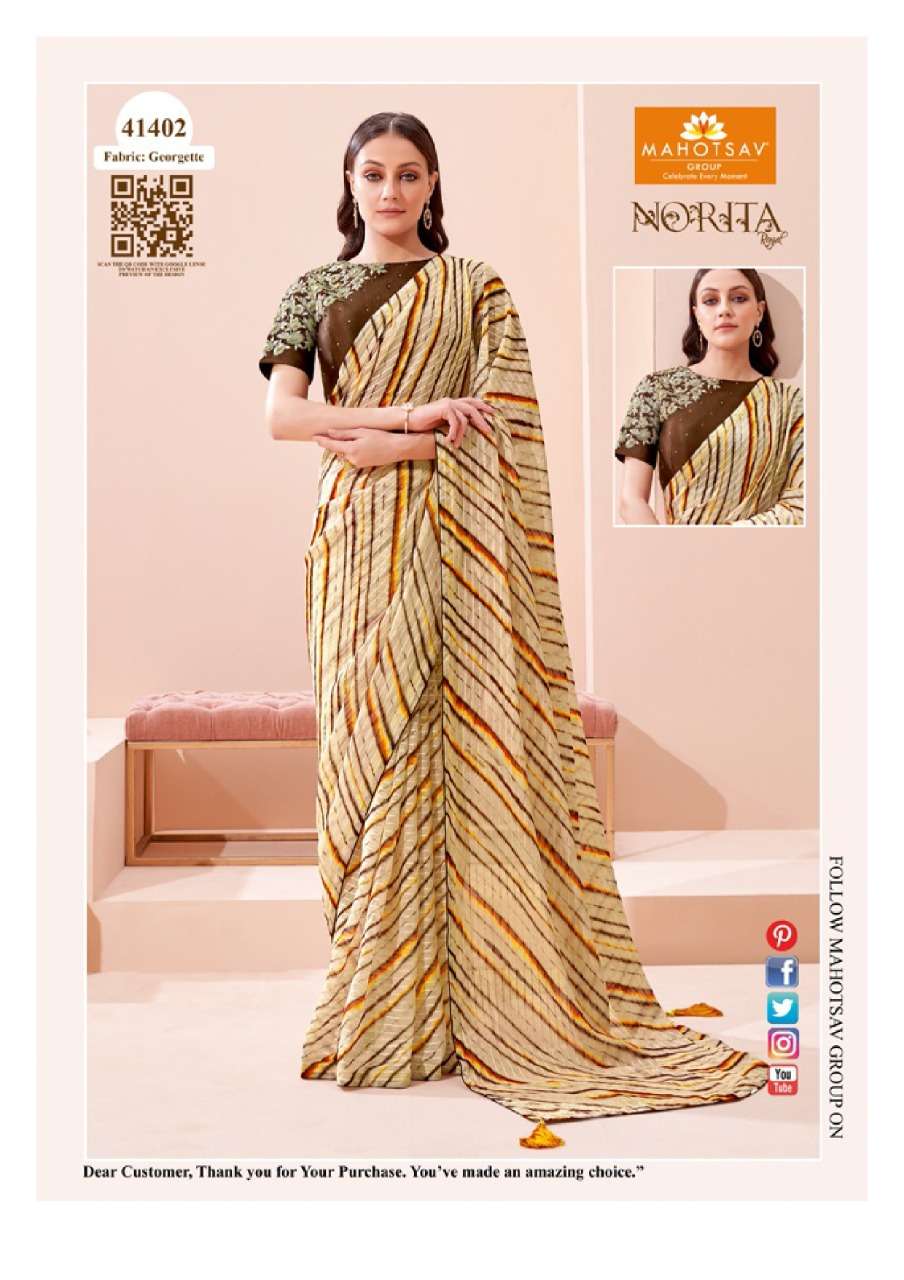 NORITA 41400 SERIES BY MAHOTSAV 41400 TO 41413 SERIES INDIAN TRADITIONAL WEAR COLLECTION BEAUTIFUL STYLISH FANCY COLORFUL PARTY WEAR & OCCASIONAL WEAR GEORGETTE/BRASSO SAREES AT WHOLESALE PRICE