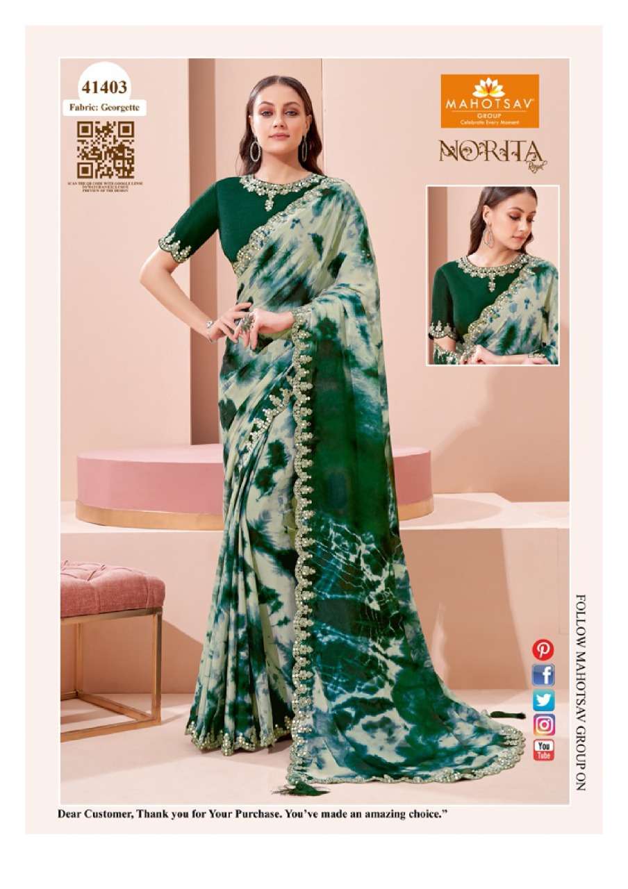 NORITA 41400 SERIES BY MAHOTSAV 41400 TO 41413 SERIES INDIAN TRADITIONAL WEAR COLLECTION BEAUTIFUL STYLISH FANCY COLORFUL PARTY WEAR & OCCASIONAL WEAR GEORGETTE/BRASSO SAREES AT WHOLESALE PRICE