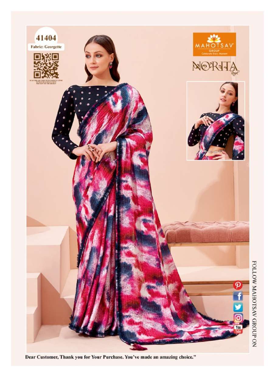 NORITA 41400 SERIES BY MAHOTSAV 41400 TO 41413 SERIES INDIAN TRADITIONAL WEAR COLLECTION BEAUTIFUL STYLISH FANCY COLORFUL PARTY WEAR & OCCASIONAL WEAR GEORGETTE/BRASSO SAREES AT WHOLESALE PRICE
