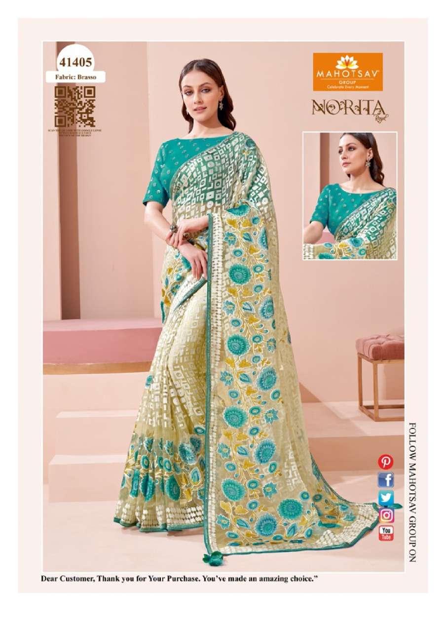 NORITA 41400 SERIES BY MAHOTSAV 41400 TO 41413 SERIES INDIAN TRADITIONAL WEAR COLLECTION BEAUTIFUL STYLISH FANCY COLORFUL PARTY WEAR & OCCASIONAL WEAR GEORGETTE/BRASSO SAREES AT WHOLESALE PRICE