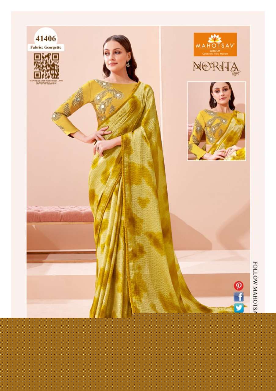 NORITA 41400 SERIES BY MAHOTSAV 41400 TO 41413 SERIES INDIAN TRADITIONAL WEAR COLLECTION BEAUTIFUL STYLISH FANCY COLORFUL PARTY WEAR & OCCASIONAL WEAR GEORGETTE/BRASSO SAREES AT WHOLESALE PRICE