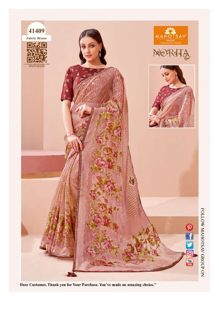 NORITA 41400 SERIES BY MAHOTSAV 41400 TO 41413 SERIES INDIAN TRADITIONAL WEAR COLLECTION BEAUTIFUL STYLISH FANCY COLORFUL PARTY WEAR & OCCASIONAL WEAR GEORGETTE/BRASSO SAREES AT WHOLESALE PRICE