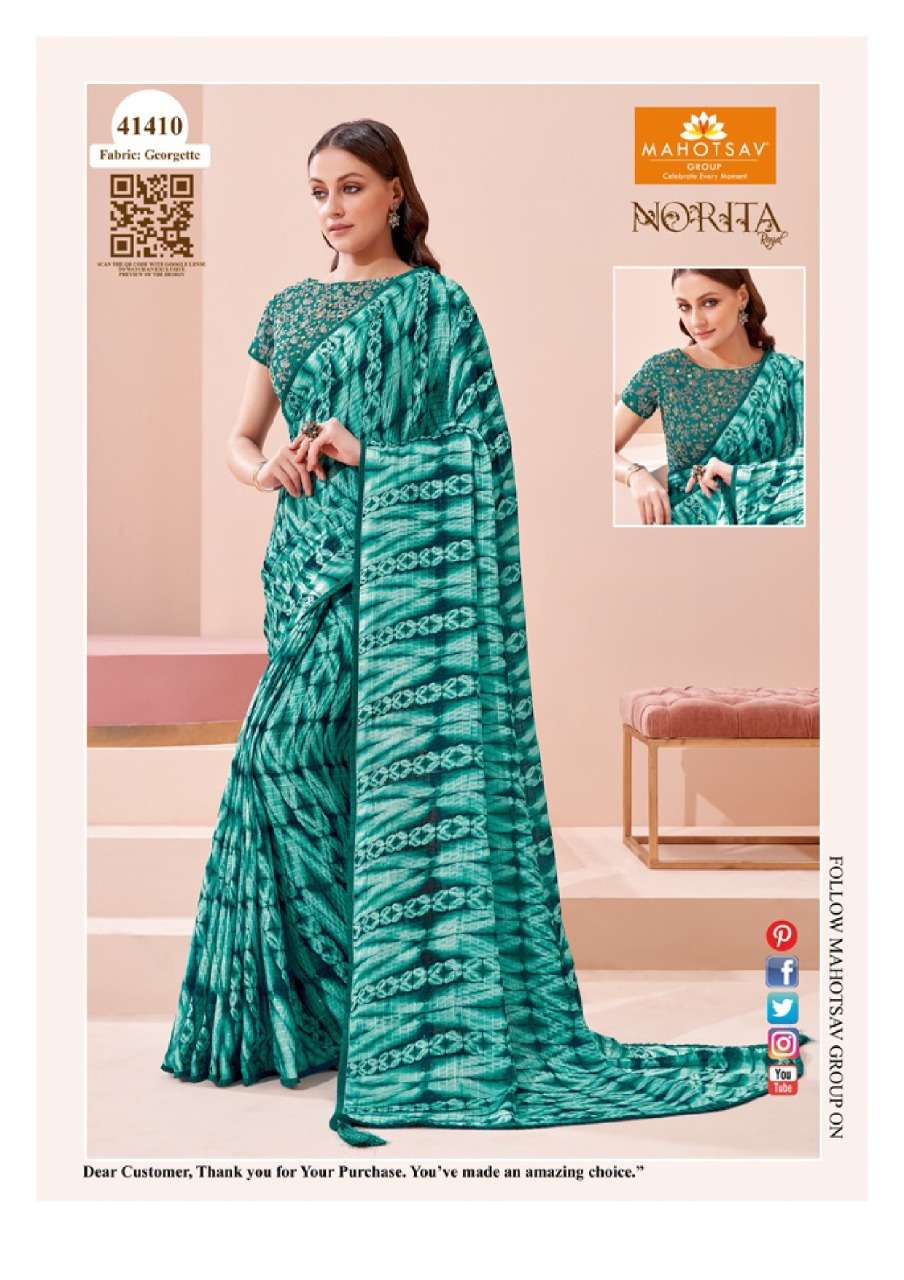 NORITA 41400 SERIES BY MAHOTSAV 41400 TO 41413 SERIES INDIAN TRADITIONAL WEAR COLLECTION BEAUTIFUL STYLISH FANCY COLORFUL PARTY WEAR & OCCASIONAL WEAR GEORGETTE/BRASSO SAREES AT WHOLESALE PRICE