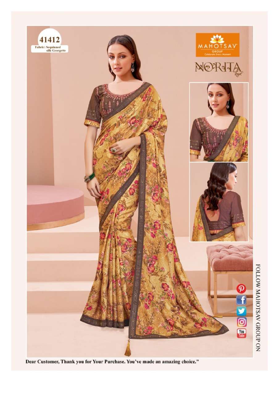NORITA 41400 SERIES BY MAHOTSAV 41400 TO 41413 SERIES INDIAN TRADITIONAL WEAR COLLECTION BEAUTIFUL STYLISH FANCY COLORFUL PARTY WEAR & OCCASIONAL WEAR GEORGETTE/BRASSO SAREES AT WHOLESALE PRICE