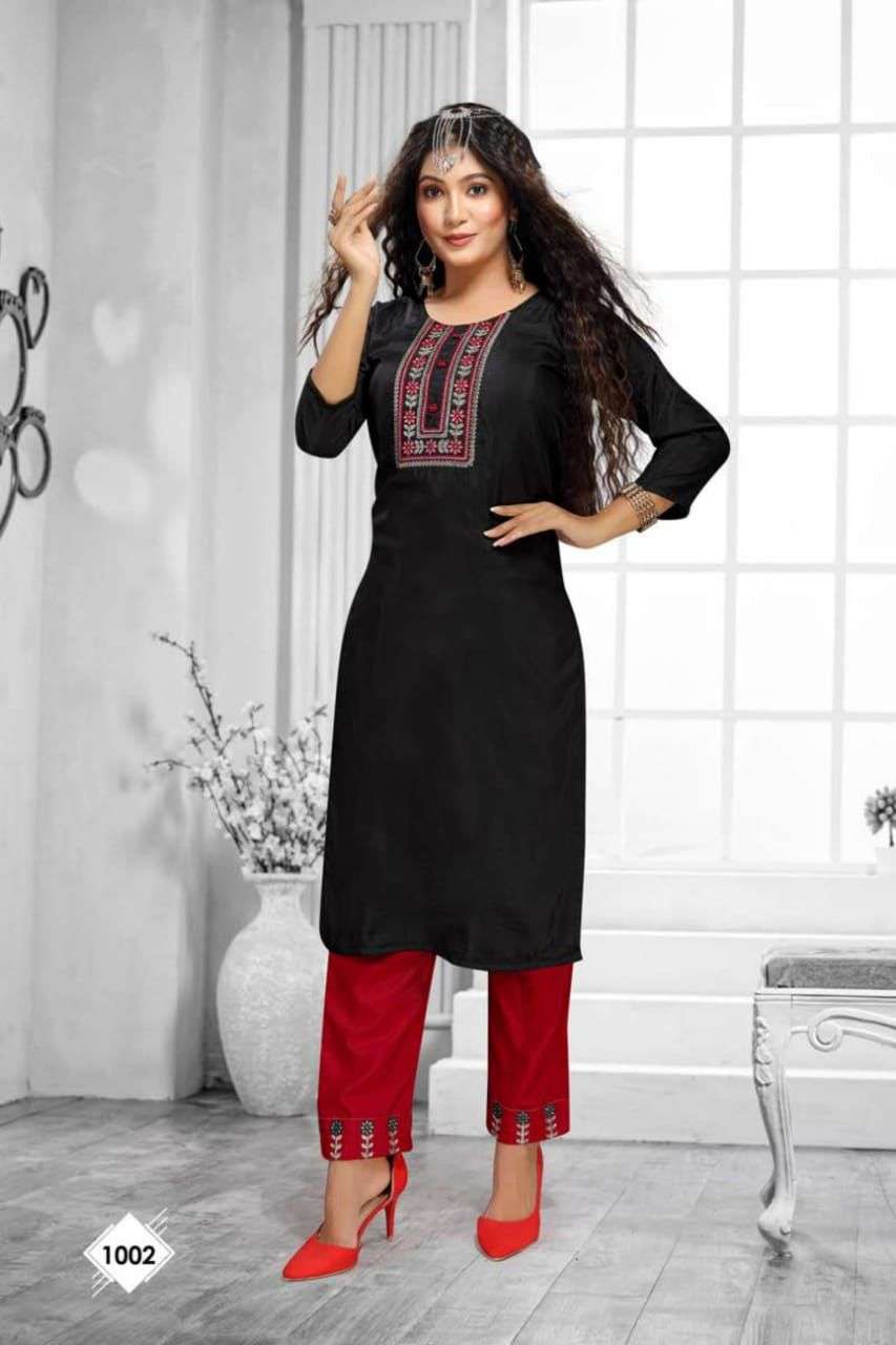 BLACKBERRY BY RAZZO EXPORTS 1001 TO 1008 SERIES DESIGNER STYLISH FANCY COLORFUL BEAUTIFUL PARTY WEAR & ETHNIC WEAR COLLECTION CHINNON SILK EMBROIDERED KURTIS WITH BOTTOM AT WHOLESALE PRICE