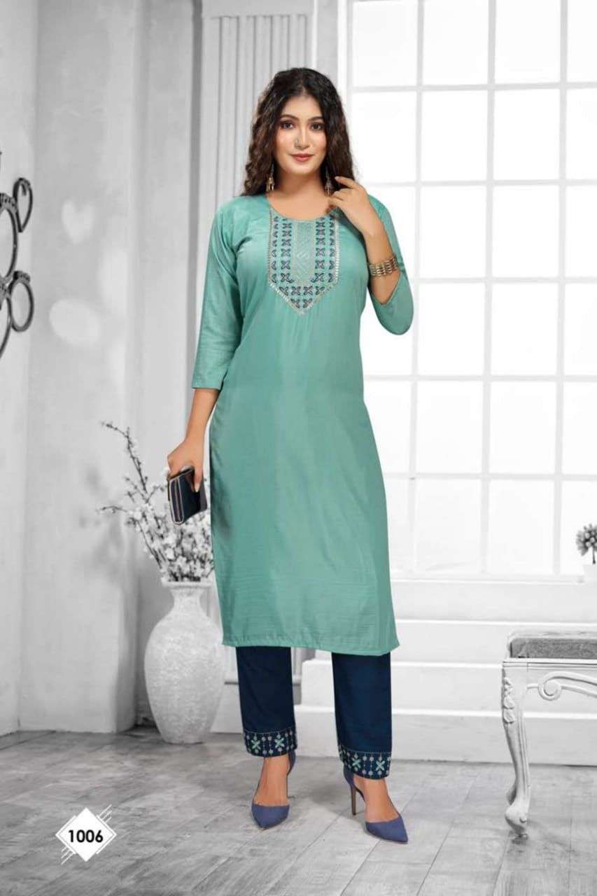 BLACKBERRY BY RAZZO EXPORTS 1001 TO 1008 SERIES DESIGNER STYLISH FANCY COLORFUL BEAUTIFUL PARTY WEAR & ETHNIC WEAR COLLECTION CHINNON SILK EMBROIDERED KURTIS WITH BOTTOM AT WHOLESALE PRICE