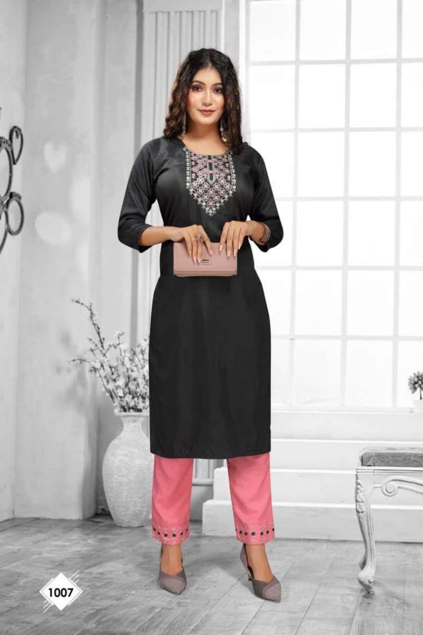 BLACKBERRY BY RAZZO EXPORTS 1001 TO 1008 SERIES DESIGNER STYLISH FANCY COLORFUL BEAUTIFUL PARTY WEAR & ETHNIC WEAR COLLECTION CHINNON SILK EMBROIDERED KURTIS WITH BOTTOM AT WHOLESALE PRICE