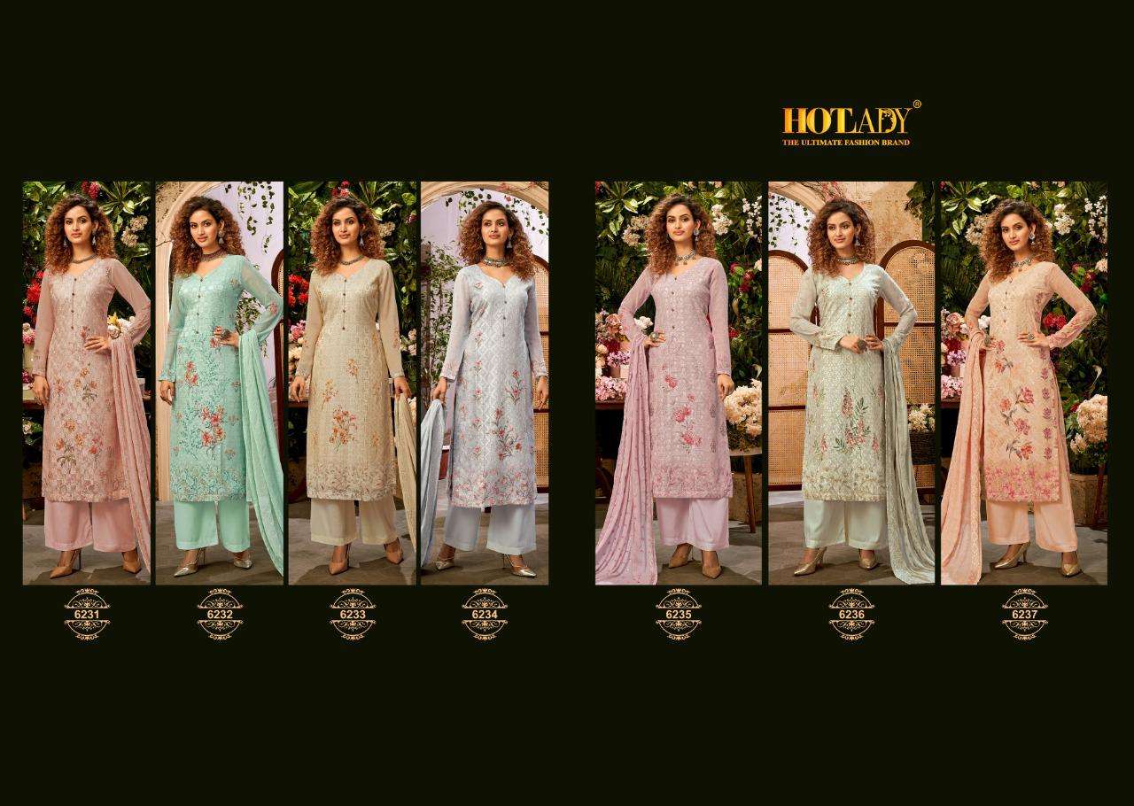 SAMISHA VOL-3 BY HOT LADY 6231 TO 6237 SERIES DESIGNER SUITS BEAUTIFUL STYLISH FANCY COLORFUL PARTY WEAR & OCCASIONAL WEAR PURE VISCOSE BEMBERG GEORGETTE EMBROIDERED DRESSES AT WHOLESALE PRICE