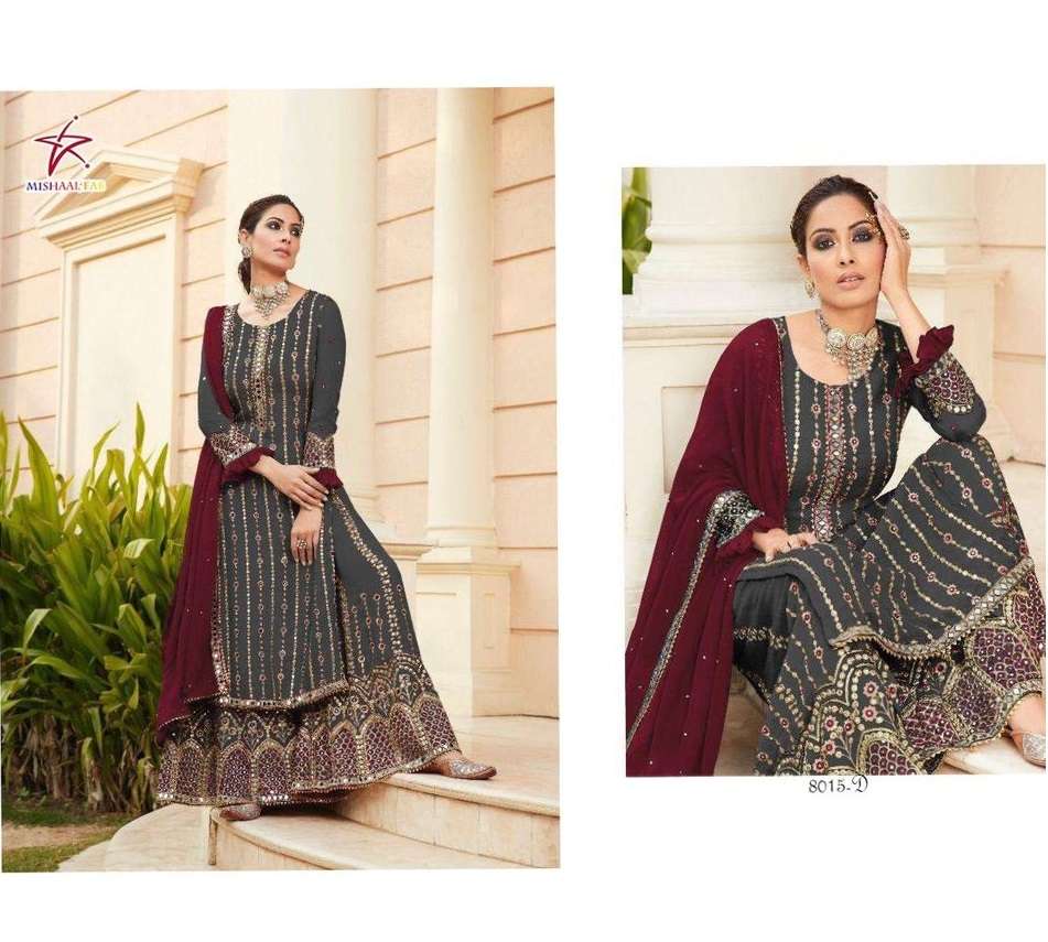 MISHAAL HIT DESIGN BY MISHAAL FAB 8015-A TO 8015-F SERIES DESIGNER WEDDING COLLECTION BEAUTIFUL FANCY COLORFUL OCCASIONAL WEAR & PARTY WEAR HEAVY GEORGETTE EMBROIDERY DRESSES AT WHOLESALE PRICE