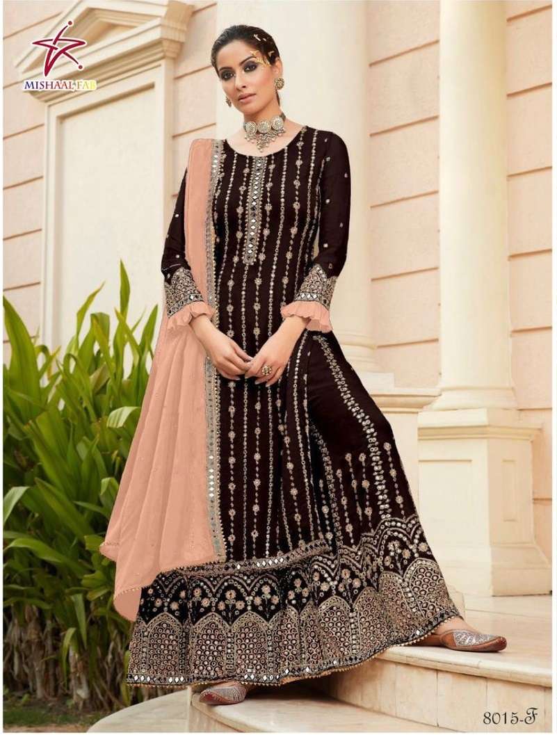 MISHAAL HIT DESIGN BY MISHAAL FAB 8015-A TO 8015-F SERIES DESIGNER WEDDING COLLECTION BEAUTIFUL FANCY COLORFUL OCCASIONAL WEAR & PARTY WEAR HEAVY GEORGETTE EMBROIDERY DRESSES AT WHOLESALE PRICE