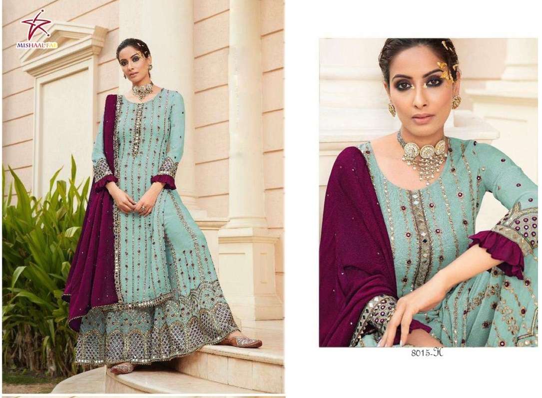 MISHAAL HIT DESIGN BY MISHAAL FAB 8015-A TO 8015-F SERIES DESIGNER WEDDING COLLECTION BEAUTIFUL FANCY COLORFUL OCCASIONAL WEAR & PARTY WEAR HEAVY GEORGETTE EMBROIDERY DRESSES AT WHOLESALE PRICE