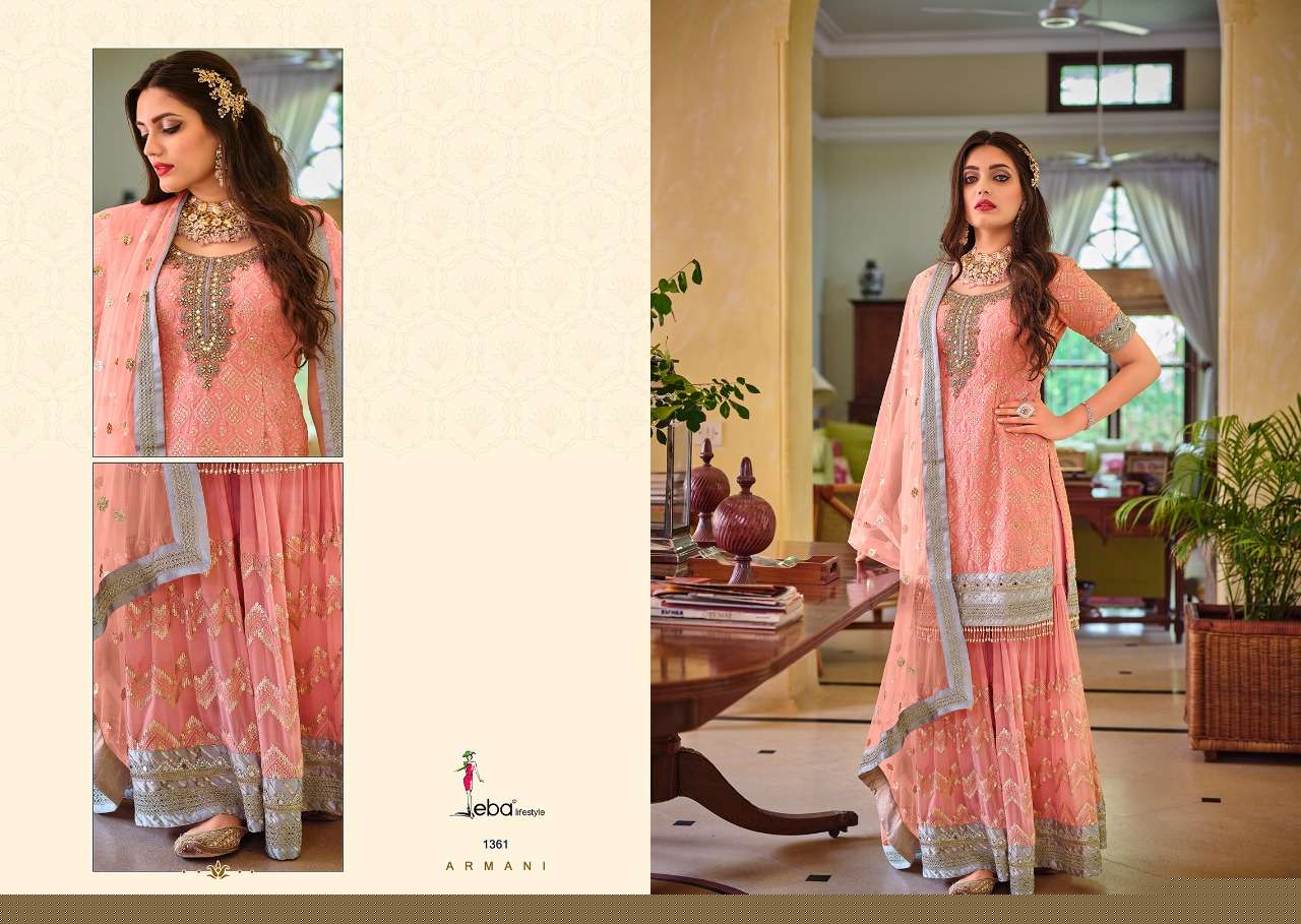 Armani By Eba Lifestyle 1361 To 1364 Series Beautiful Suits Colorful Stylish Fancy Casual Wear & Ethnic Wear Faux Georgette Embroidered Dresses At Wholesale Price