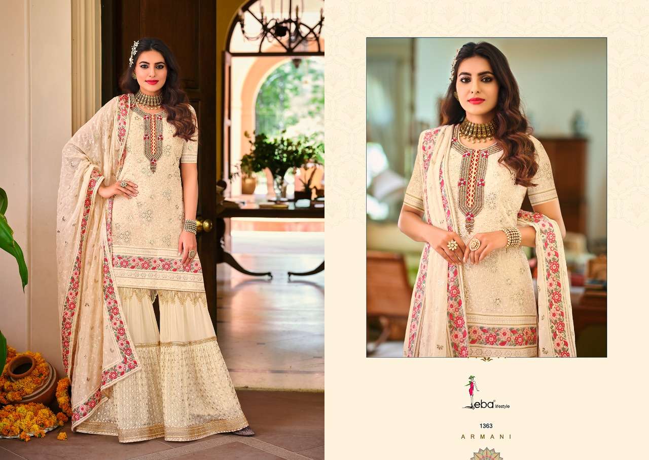 Armani By Eba Lifestyle 1361 To 1364 Series Beautiful Suits Colorful Stylish Fancy Casual Wear & Ethnic Wear Faux Georgette Embroidered Dresses At Wholesale Price