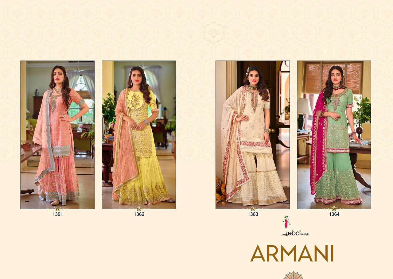 Armani By Eba Lifestyle 1361 To 1364 Series Beautiful Suits Colorful Stylish Fancy Casual Wear & Ethnic Wear Faux Georgette Embroidered Dresses At Wholesale Price