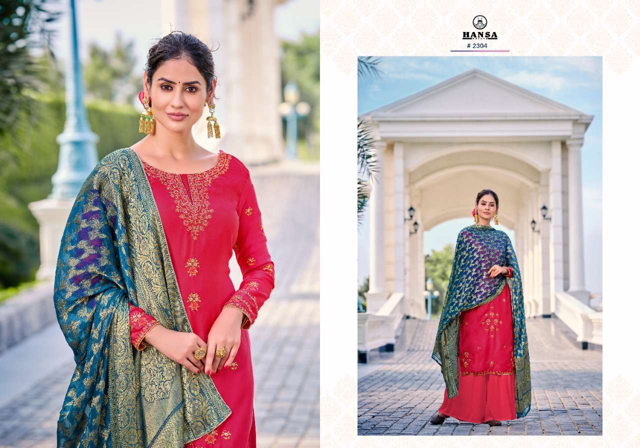 BINDIYA BY HANSA PRINTS 2301 TO 2305 SERIES BEAUTIFUL SUITS COLORFUL STYLISH FANCY CASUAL WEAR & ETHNIC WEAR SATIN GEORGETTE WITH WORK DRESSES AT WHOLESALE PRICE