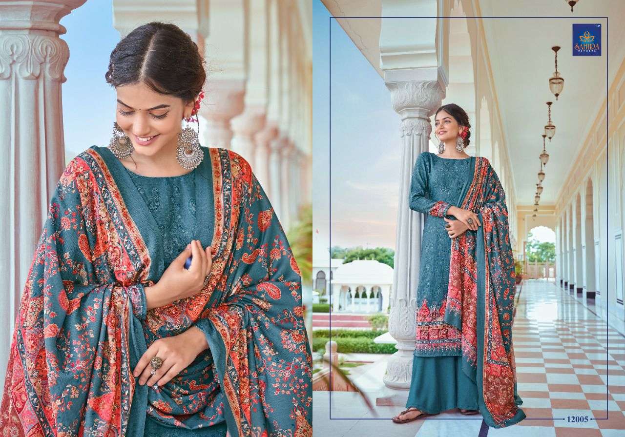NAZNEEN BY SAHIRA EXPORTS 12001 TO 12008 SERIES BEAUTIFUL STYLISH SHARARA SUITS FANCY COLORFUL CASUAL WEAR & ETHNIC WEAR & READY TO WEAR PASHMINA DIGITAL PRINTED DRESSES AT WHOLESALE PRICE