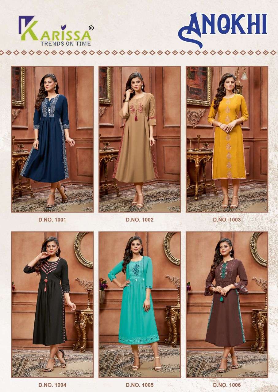 ANOKHI BY KARISSA 1001 TO 1006 SERIES DESIGNER STYLISH FANCY COLORFUL BEAUTIFUL PARTY WEAR & ETHNIC WEAR COLLECTION PREMIUM COTTON KURTIS AT WHOLESALE PRICE