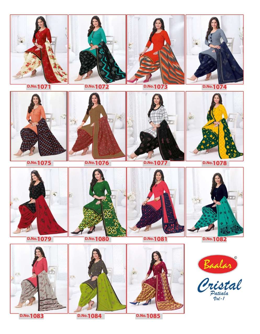 CRYSTAL PATIALA VOL-1 BY BAALAR 1071 TO 1085 SERIES BEAUTIFUL STYLISH SHARARA SUITS FANCY COLORFUL CASUAL WEAR & ETHNIC WEAR & READY TO WEAR PURE COTTON PRINTED DRESSES AT WHOLESALE PRICE
