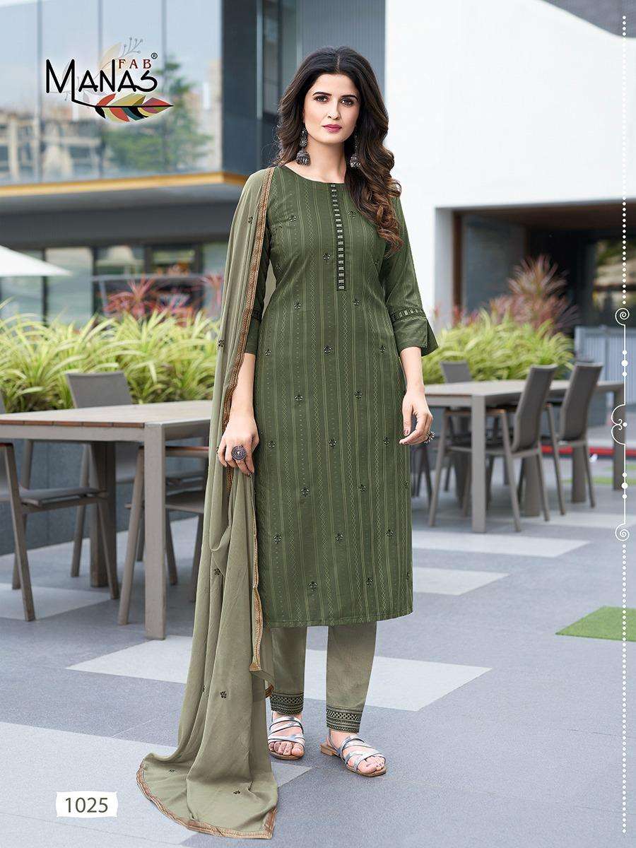 DELIGHT VOL-5 BY MANAS FAB 1025 TO 1030 SERIES BEAUTIFUL SUITS COLORFUL STYLISH FANCY CASUAL WEAR & ETHNIC WEAR CHINNON SILK WITH EMBROIDERY DRESSES AT WHOLESALE PRICE