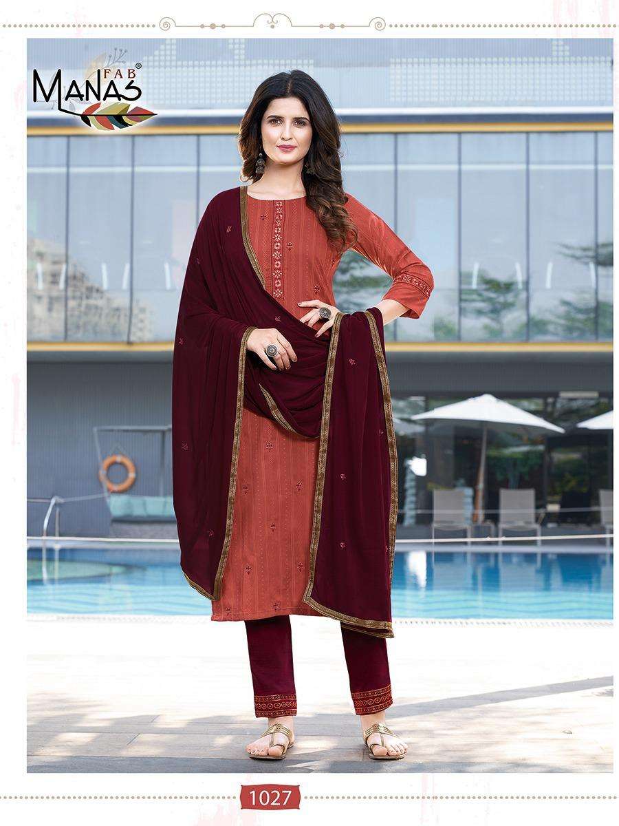 DELIGHT VOL-5 BY MANAS FAB 1025 TO 1030 SERIES BEAUTIFUL SUITS COLORFUL STYLISH FANCY CASUAL WEAR & ETHNIC WEAR CHINNON SILK WITH EMBROIDERY DRESSES AT WHOLESALE PRICE