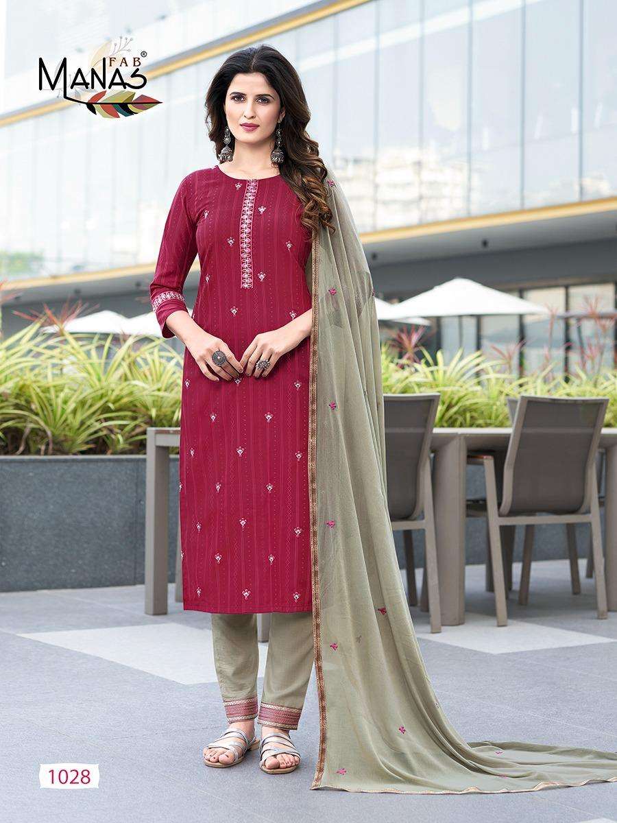 DELIGHT VOL-5 BY MANAS FAB 1025 TO 1030 SERIES BEAUTIFUL SUITS COLORFUL STYLISH FANCY CASUAL WEAR & ETHNIC WEAR CHINNON SILK WITH EMBROIDERY DRESSES AT WHOLESALE PRICE