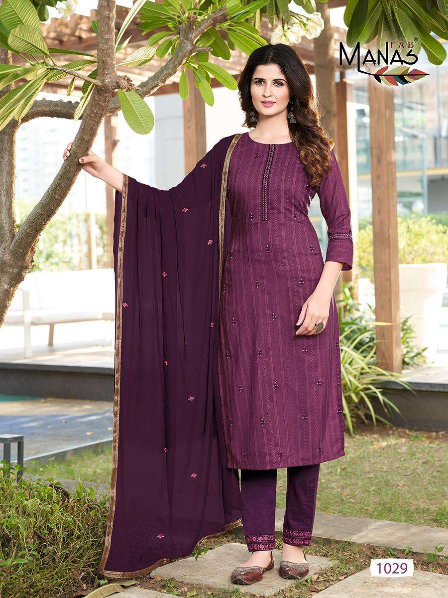 DELIGHT VOL-5 BY MANAS FAB 1025 TO 1030 SERIES BEAUTIFUL SUITS COLORFUL STYLISH FANCY CASUAL WEAR & ETHNIC WEAR CHINNON SILK WITH EMBROIDERY DRESSES AT WHOLESALE PRICE