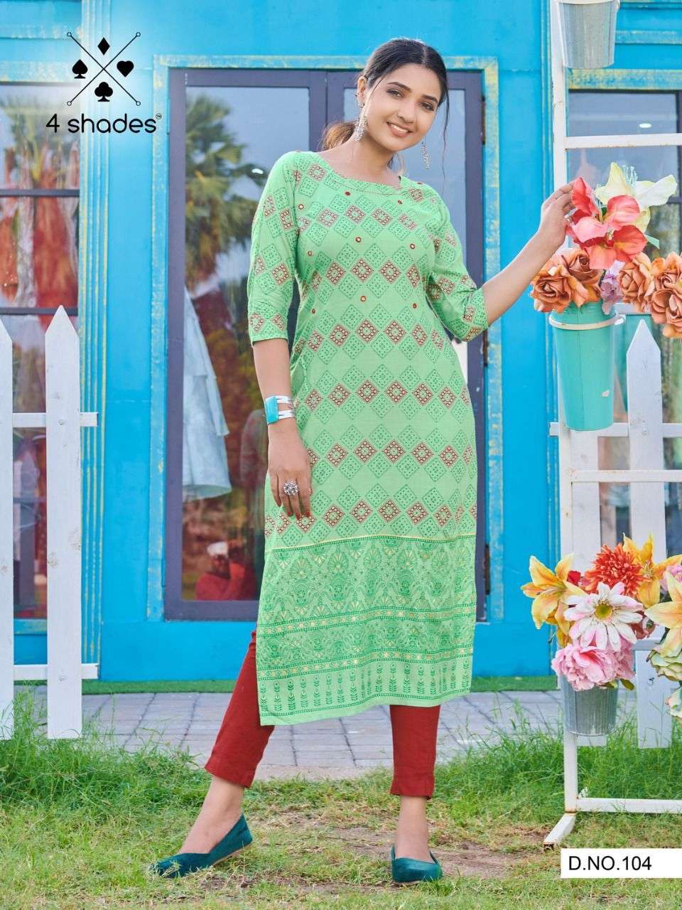 SIMPLE DIMPLE BY 4 SHADES 101 TO 108 SERIES DESIGNER STYLISH FANCY COLORFUL BEAUTIFUL PARTY WEAR & ETHNIC WEAR COLLECTION RAYON SLUB WITH WORK KURTIS AT WHOLESALE PRICE