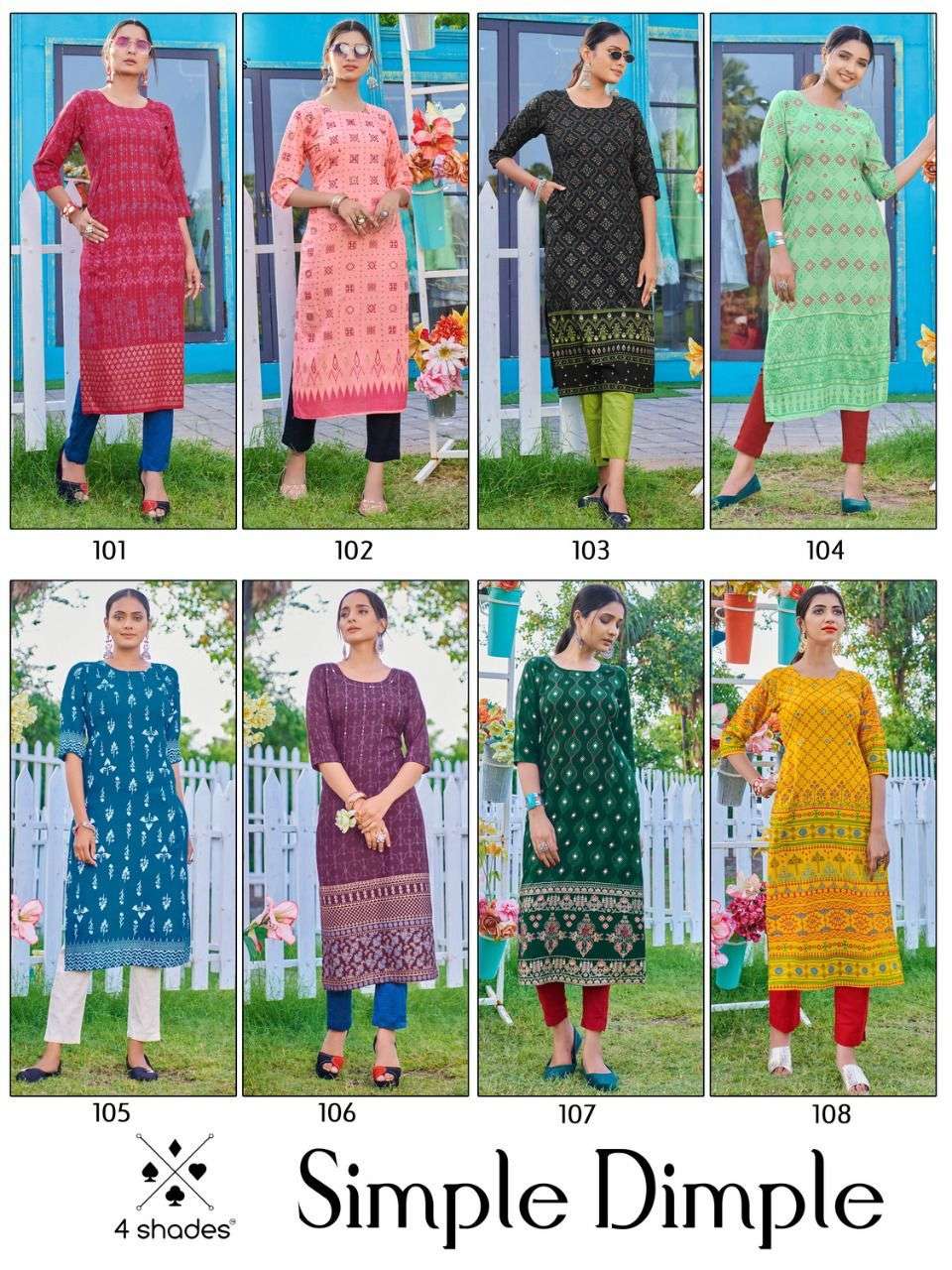 SIMPLE DIMPLE BY 4 SHADES 101 TO 108 SERIES DESIGNER STYLISH FANCY COLORFUL BEAUTIFUL PARTY WEAR & ETHNIC WEAR COLLECTION RAYON SLUB WITH WORK KURTIS AT WHOLESALE PRICE