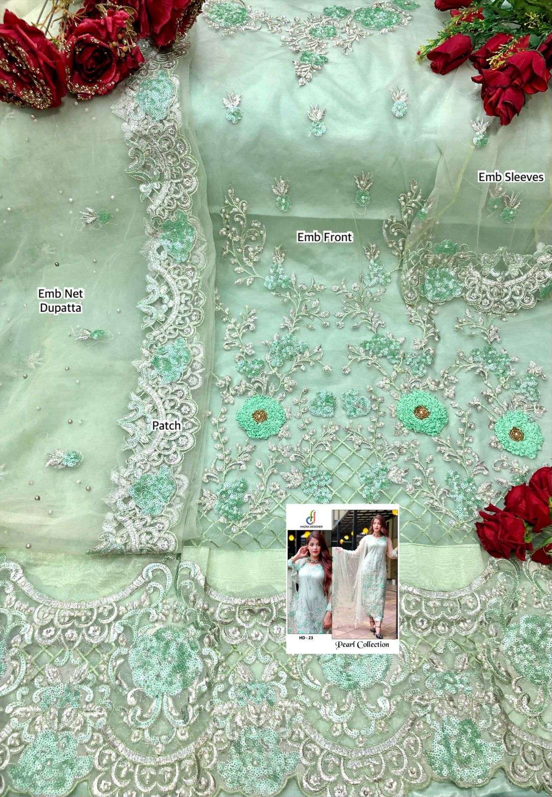 HAZRA HIT DESIGN 23 BY HAZRA DESIGNER PAKISTANI SUITS BEAUTIFUL FANCY COLORFUL STYLISH PARTY WEAR & OCCASIONAL WEAR BUTTERFLY NET WITH EMBROIDERY DRESSES AT WHOLESALE PRICE