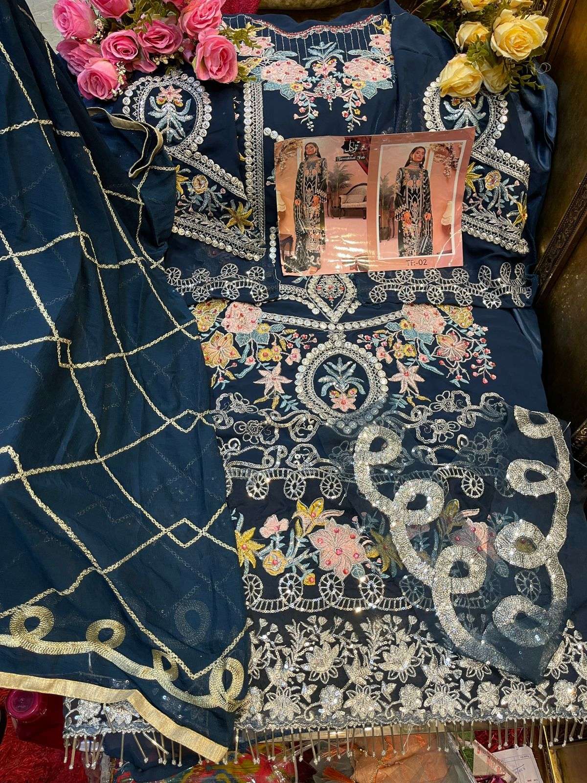 TAWAKKAL FAB HIT DESIGN 02 BY TAWAKKAL FAB PAKISTANI STYLISH BEAUTIFUL COLOURFUL PRINTED & EMBROIDERED PARTY WEAR & OCCASIONAL WEAR FAUX GEORGETTE EMBROIDERED DRESSES AT WHOLESALE PRICE