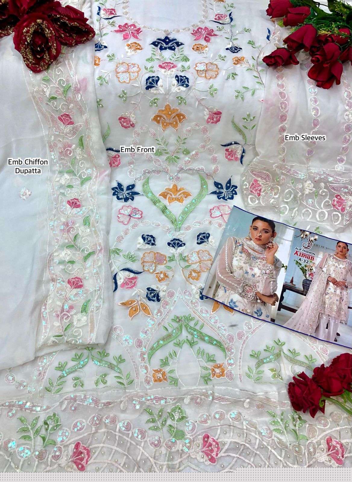 AIMAN BY ALIF FASHION DESIGNER PAKISTANI SUITS BEAUTIFUL STYLISH FANCY COLORFUL PARTY WEAR & OCCASIONAL WEAR FAUX GEORGETTE EMBROIDERED DRESSES AT WHOLESALE PRICE