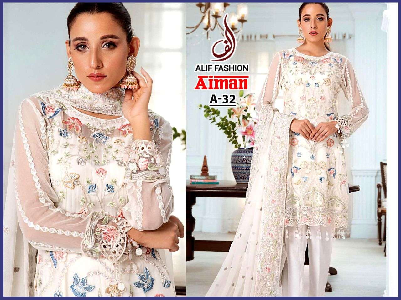 AIMAN BY ALIF FASHION DESIGNER PAKISTANI SUITS BEAUTIFUL STYLISH FANCY COLORFUL PARTY WEAR & OCCASIONAL WEAR FAUX GEORGETTE EMBROIDERED DRESSES AT WHOLESALE PRICE