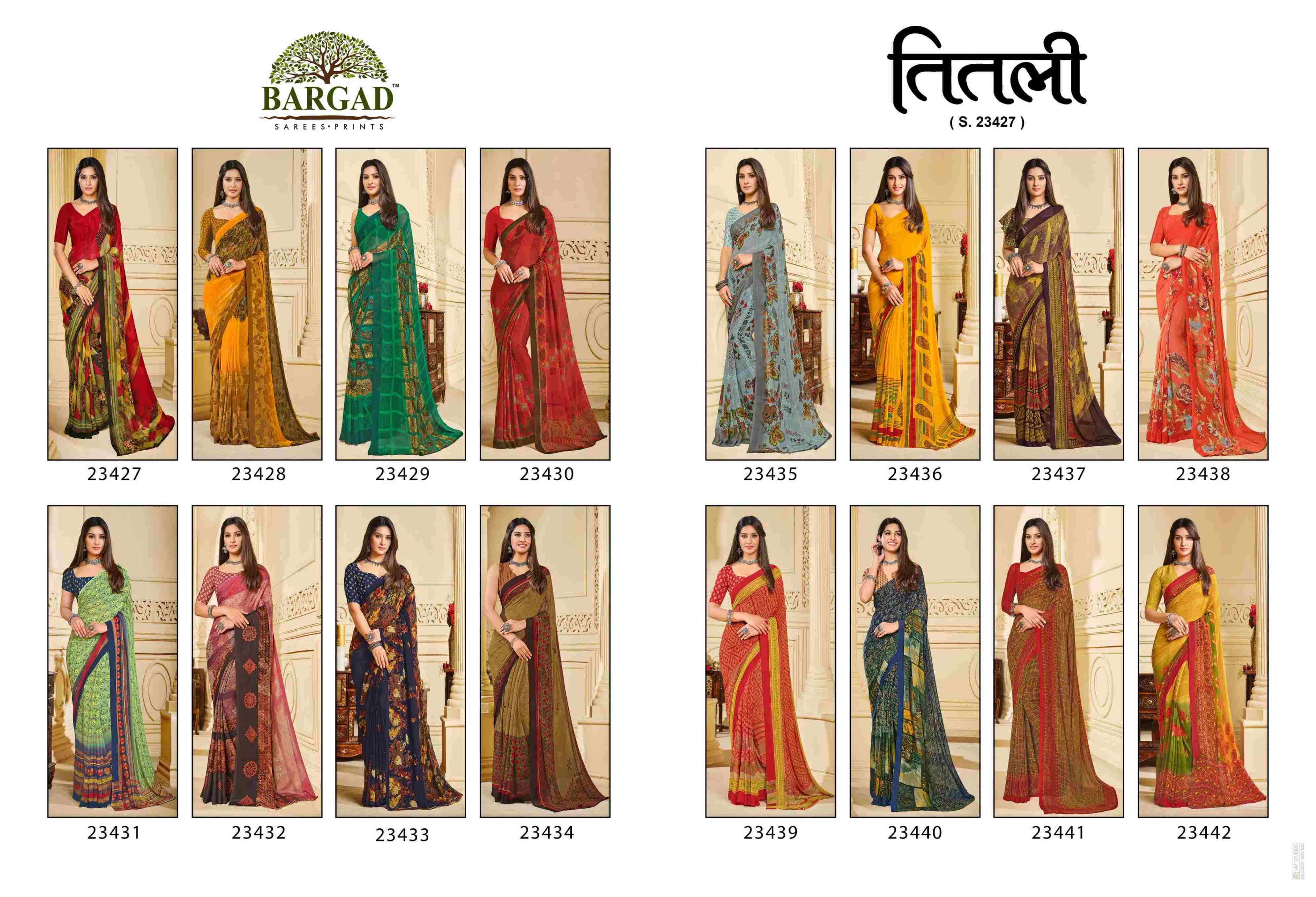 TITLI 23427 SERIES BY BARGAD 23427 TO 23442 SERIES INDIAN TRADITIONAL WEAR COLLECTION BEAUTIFUL STYLISH FANCY COLORFUL PARTY WEAR & OCCASIONAL WEAR GEORGETTE SAREES AT WHOLESALE PRICE