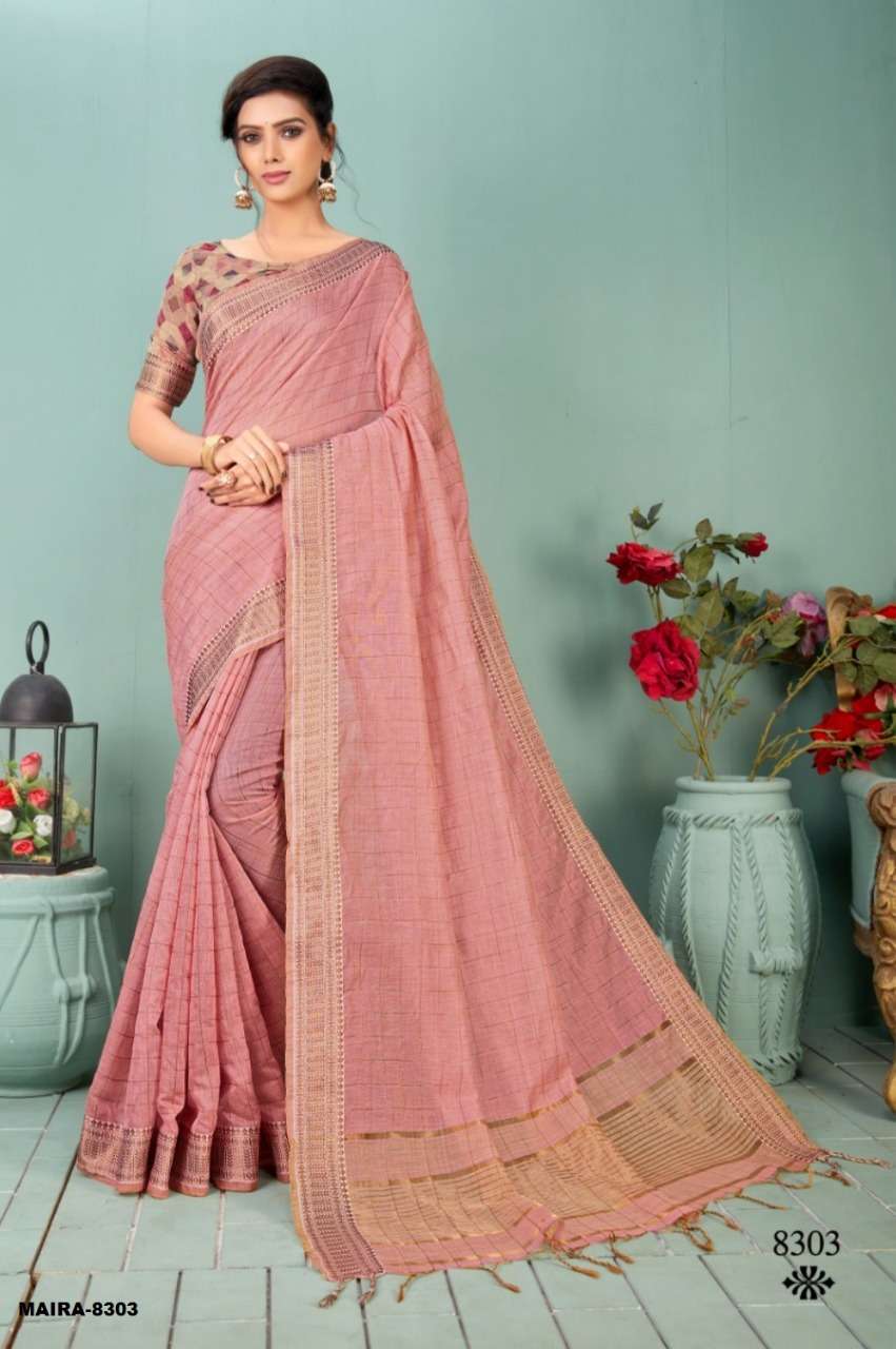 MAIRA BY SHREE MATARAM 8301 TO 8306 SERIES INDIAN TRADITIONAL WEAR COLLECTION BEAUTIFUL STYLISH FANCY COLORFUL PARTY WEAR & OCCASIONAL WEAR LINEN CHEX SAREES AT WHOLESALE PRICE