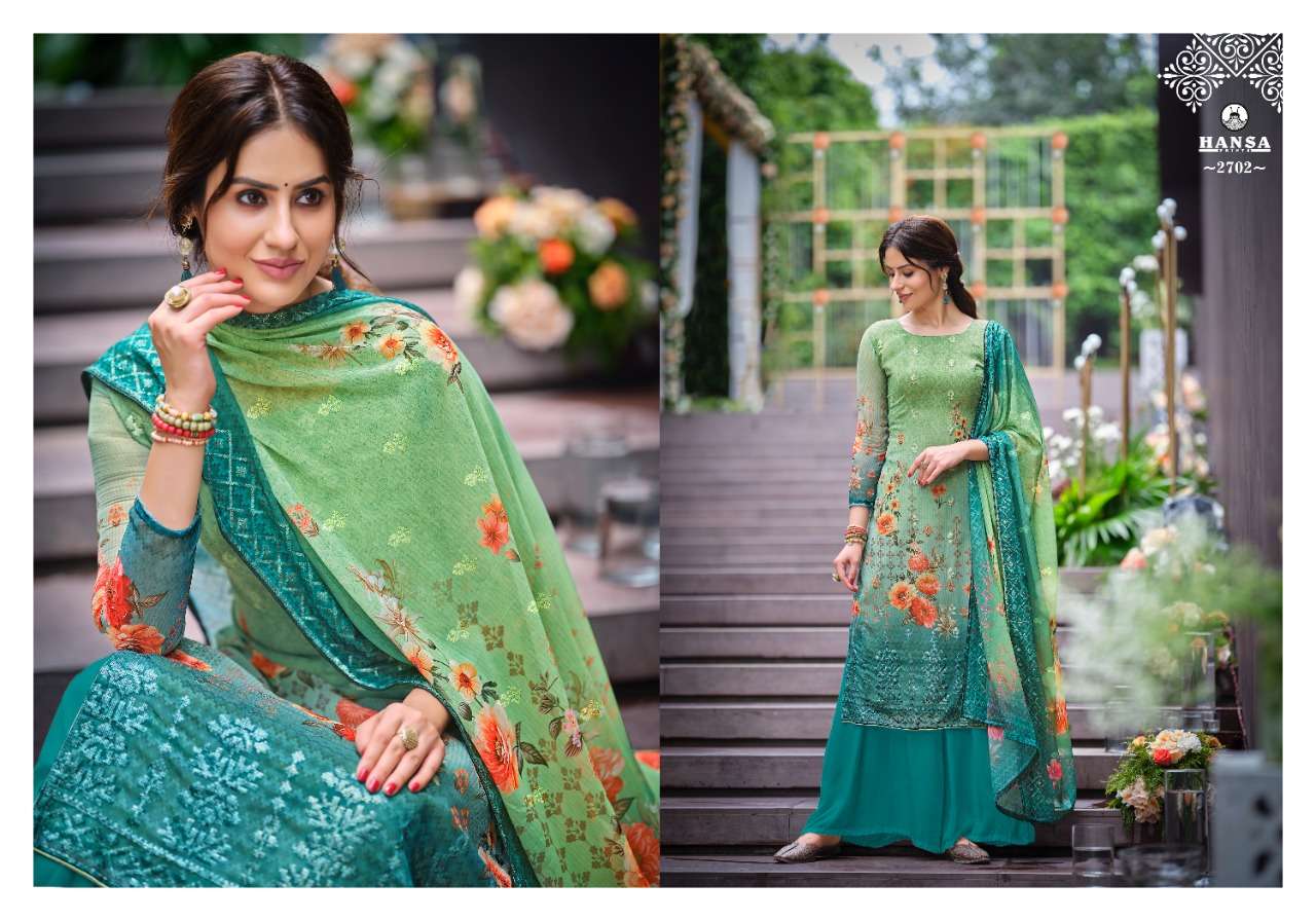 HUSNA ARA SAHELI BY HANSA PRINTS 2701 TO 2706 SERIES BEAUTIFUL STYLISH PAKISATNI SUITS FANCY COLORFUL CASUAL WEAR & ETHNIC WEAR & READY TO WEAR GEORGETTE DIGITAL PRINT WITH ARI WORK DRESSES AT WHOLESALE PRICE