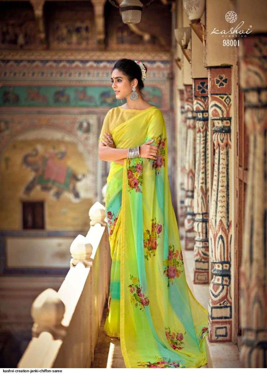 JANKI BY KASHVI CREATION 98001 TO 98010 SERIES INDIAN TRADITIONAL WEAR COLLECTION BEAUTIFUL STYLISH FANCY COLORFUL PARTY WEAR & OCCASIONAL WEAR CHIFFON SAREES AT WHOLESALE PRICE