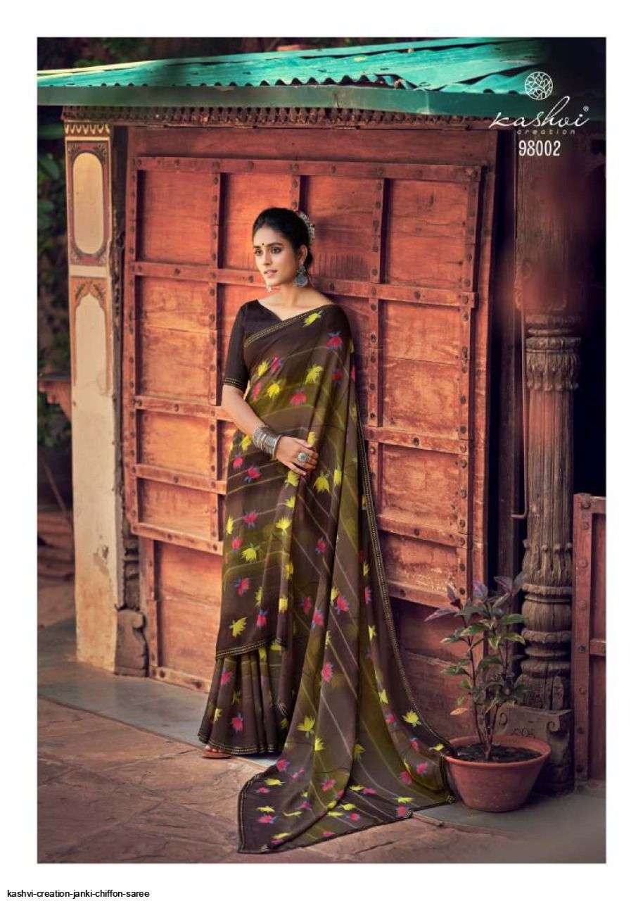 JANKI BY KASHVI CREATION 98001 TO 98010 SERIES INDIAN TRADITIONAL WEAR COLLECTION BEAUTIFUL STYLISH FANCY COLORFUL PARTY WEAR & OCCASIONAL WEAR CHIFFON SAREES AT WHOLESALE PRICE